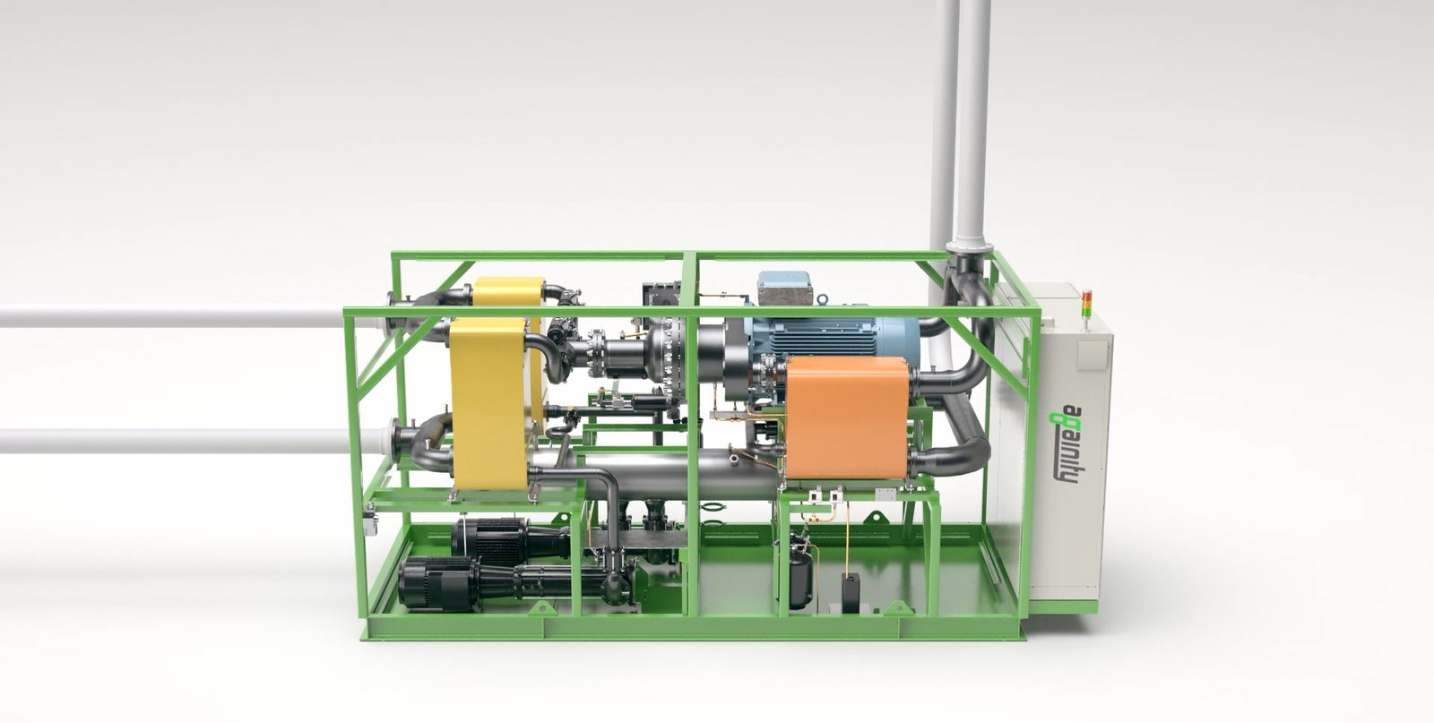 Render of an Againity ORC as it is installed: green frame, yellow evaporator, orange condenser, blue generator and white control cabinet.