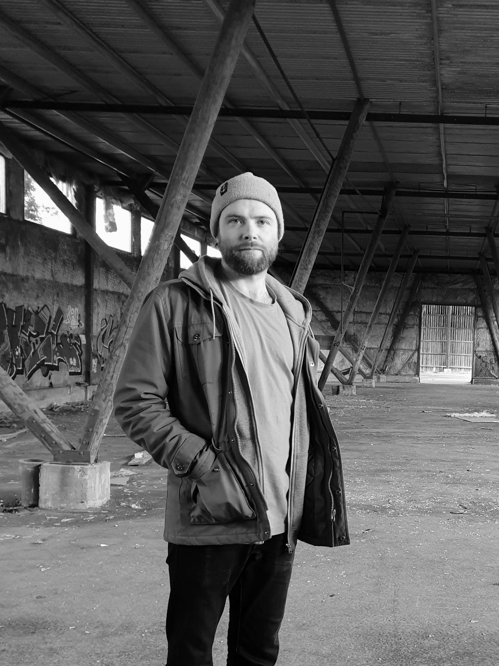 Björn Hjohlman, photographed in a disused industrial hall in Stockholm.
