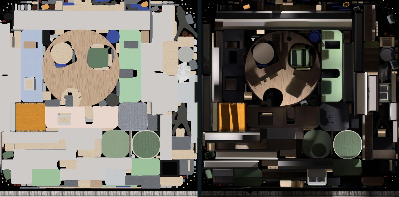 Two square texture atlases side by side. The left is flat unlit colour, the right is the same layout with light and shadow baked into it.