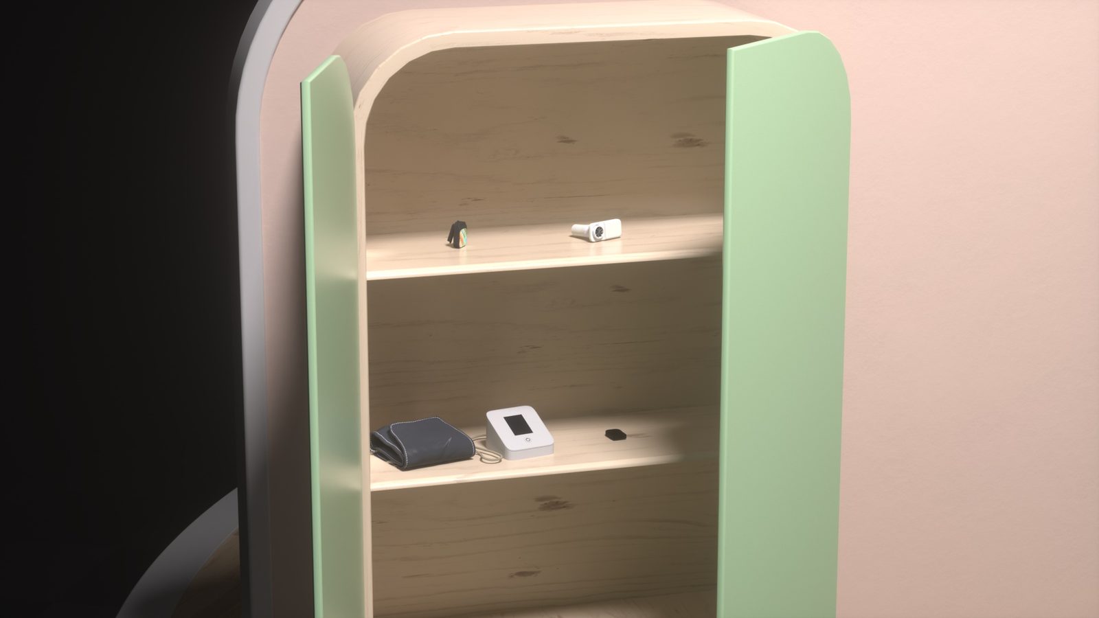 An open cabinet in a home, holding a blood pressure monitor and cuff, a small inhaler-shaped device and a sensor.