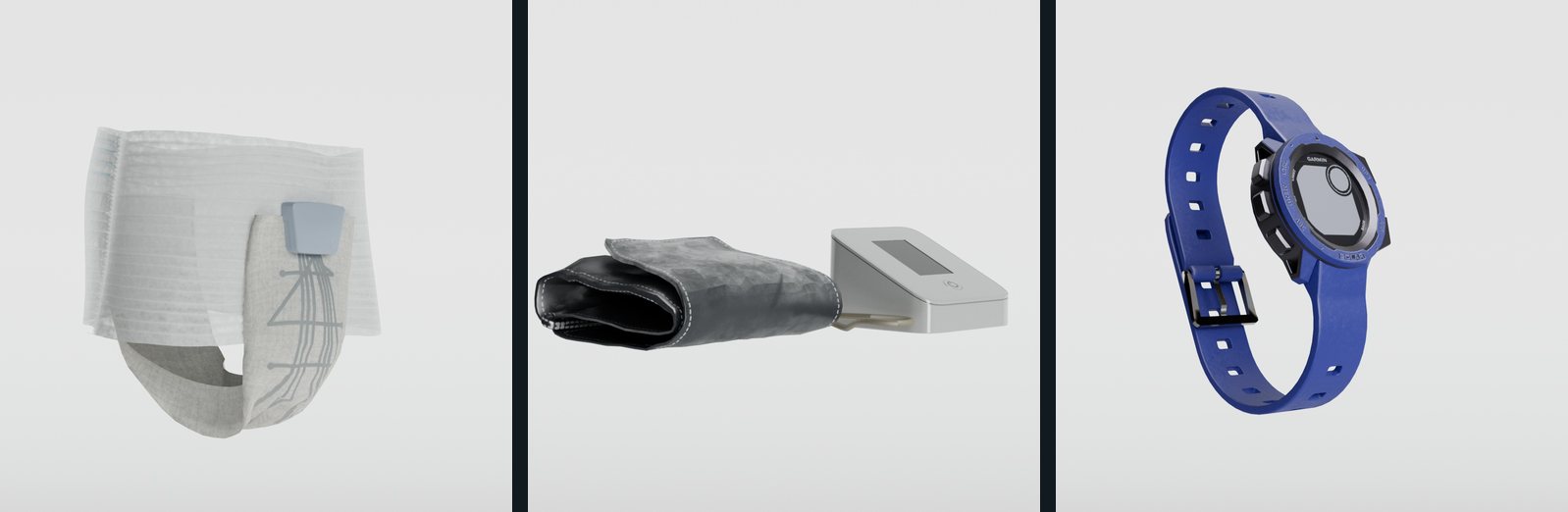 Three product renders in a row: an absorbent brief with printed sensor traces and a clip-on transmitter, a blood pressure cuff with its monitor, and a sports watch.