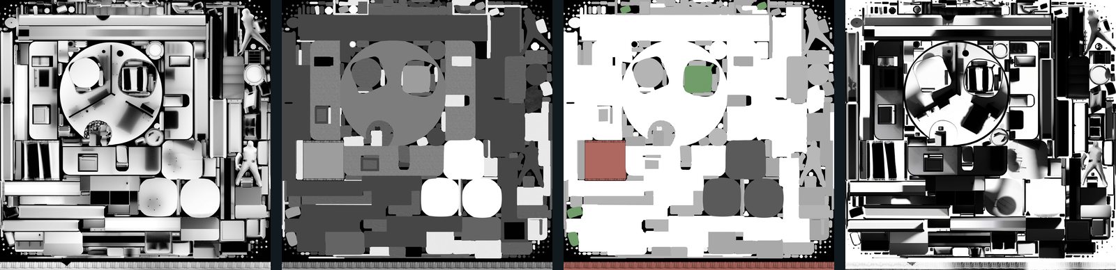 Four square texture maps in a row: ambient occlusion, roughness, reflection and a shadow pass, each showing the same packed layout in greyscale.