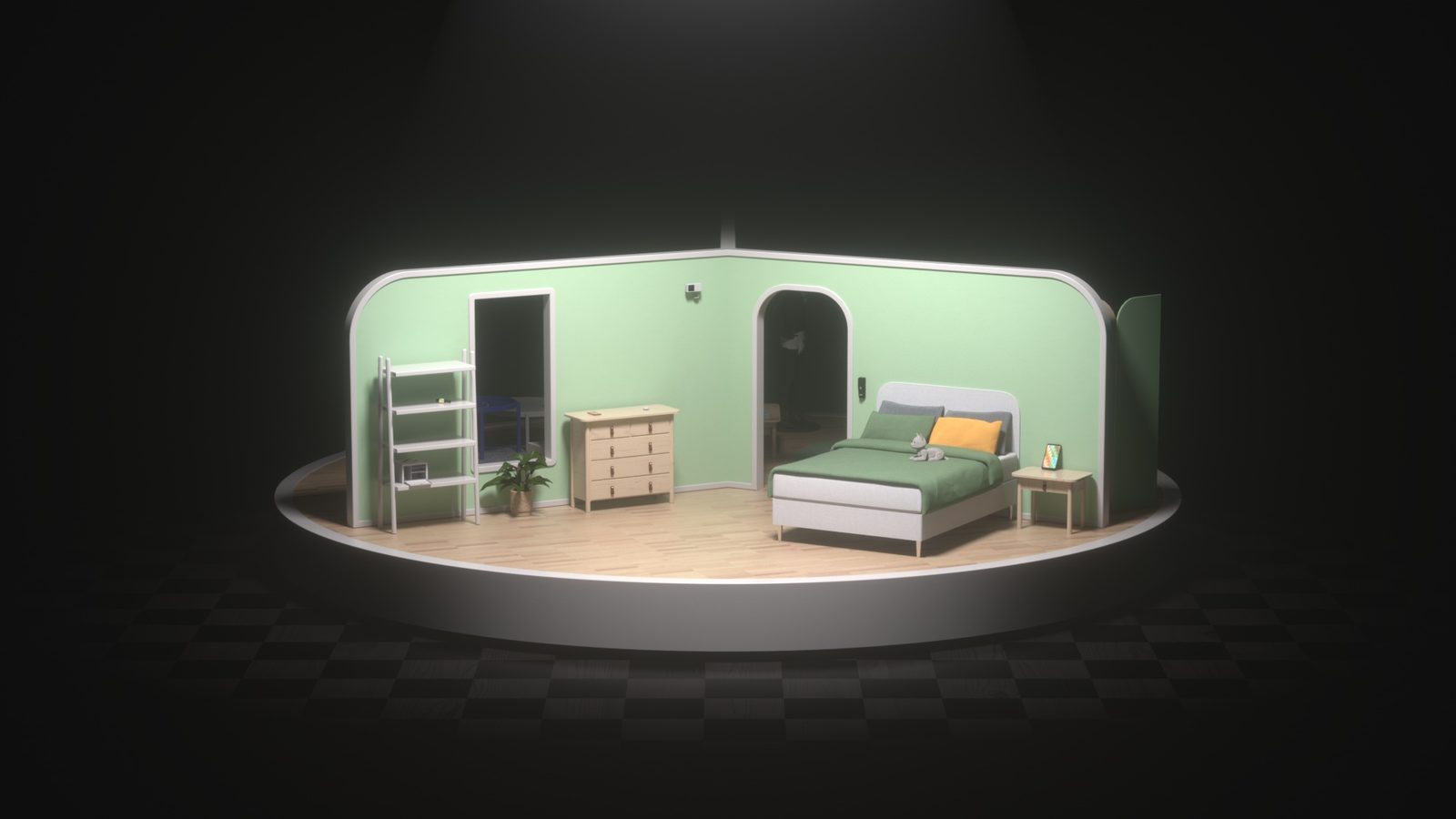 A green bedroom with a bed, ladder shelf and chest of drawers standing on a white circular stage, lit from directly above, surrounded by darkness.