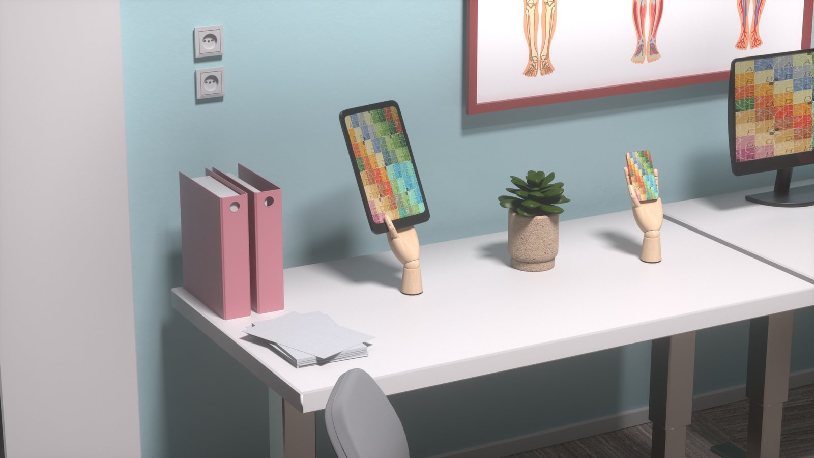 A desk in the care environment with two articulated wooden hands holding tablets, both screens showing a coloured checker pattern.