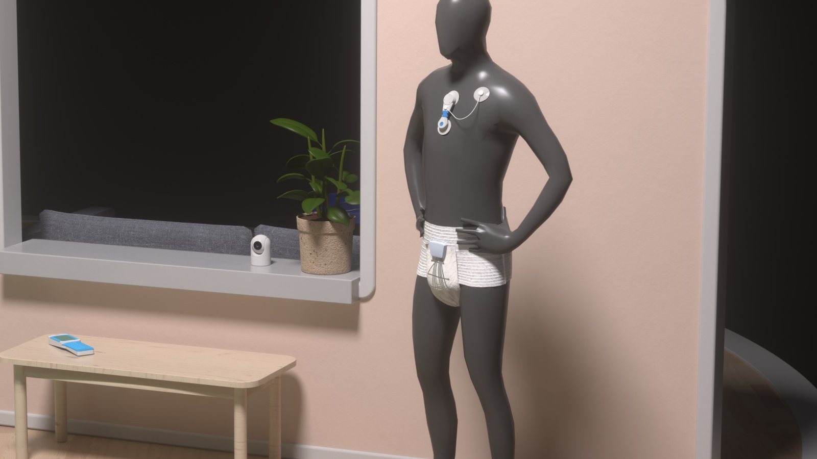 A neutral grey figure standing in a room wearing chest electrodes with a small transmitter and a sensor-equipped brief, with a handheld reader on a bench nearby.