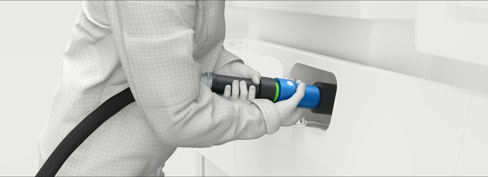 The same nozzle seated in the receptacle with a green ring illuminated, indicating the connection has locked.