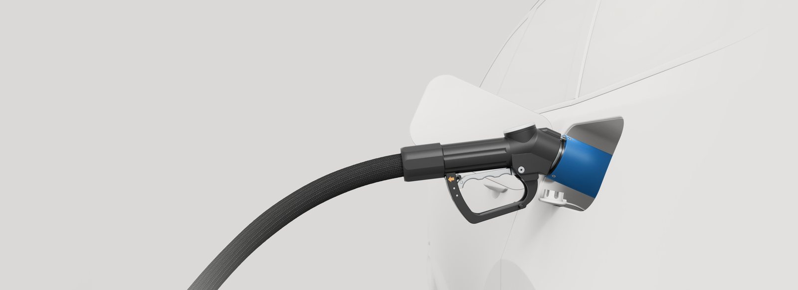 Passenger car being refuelled with a pistol-grip hydrogen nozzle, no operator in frame.